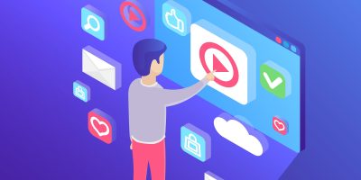 Man touching big screen isometric vector illustration. Virtual interface. Technology, cyberspace and innovation concept. Infographic with purple background.